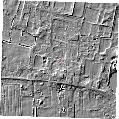 Shaded relief map of the ground around LN117RF, computed from Environment Agency LiDAR. The ground here sits at about 4 m above sea level and falls 5 m across the surrounding 800 m. Surface water reaching this point runs off ground lying to the south-south-east, 2.5 m higher.