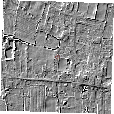 Shaded relief map of the ground around LN117RG, computed from Environment Agency LiDAR. The ground here sits at about 4 m above sea level and falls 5 m across the surrounding 800 m. Surface water reaching this point runs off ground lying to the south-south-east, 1.7 m higher.