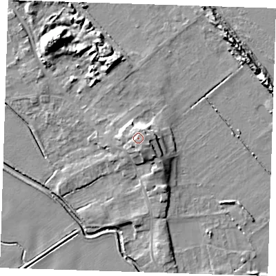 Shaded relief map of the ground around LN117RJ, computed from Environment Agency LiDAR. The ground here sits at about 11 m above sea level and falls 12 m across the surrounding 800 m. Surface water reaching this point runs off ground lying to the east-south-east, 2.5 m higher.