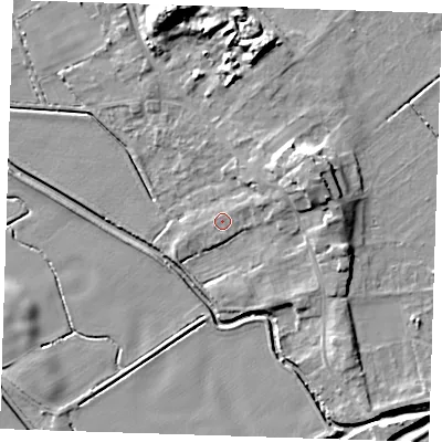 Shaded relief map of the ground around LN117RL, computed from Environment Agency LiDAR. The ground here sits at about 4 m above sea level and falls 13 m across the surrounding 800 m. Surface water reaching this point runs off ground lying to the south-west, 0.7 m higher.