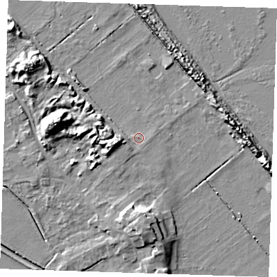 Shaded relief map of the ground around LN117RP, computed from Environment Agency LiDAR. The ground here sits at about 4 m above sea level and falls 12 m across the surrounding 800 m. Surface water reaching this point runs off ground lying to the west-south-west, 6.7 m higher.