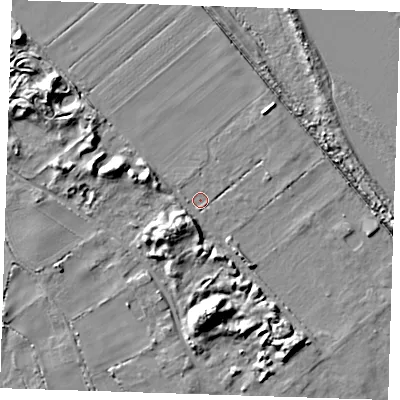 Shaded relief map of the ground around LN117RT, computed from Environment Agency LiDAR. The ground here sits at about 3 m above sea level and falls 12 m across the surrounding 800 m. Surface water reaching this point runs off ground lying to the south-west, 5.6 m higher.