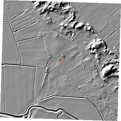 Shaded relief map of the ground around LN117RX, computed from Environment Agency LiDAR. The ground here sits at about 3 m above sea level and falls 13 m across the surrounding 800 m. Surface water reaching this point runs off ground lying to the north-north-east, 2.3 m higher.