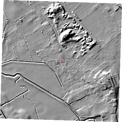 Shaded relief map of the ground around LN117RY, computed from Environment Agency LiDAR. The ground here sits at about 4 m above sea level and falls 14 m across the surrounding 800 m. Surface water reaching this point runs off ground lying to the north, 2.8 m higher.