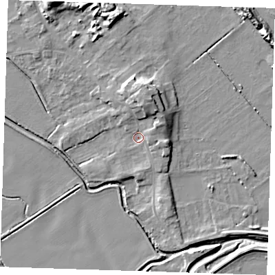 Shaded relief map of the ground around LN117RZ, computed from Environment Agency LiDAR. The ground here sits at about 4 m above sea level and falls 10 m across the surrounding 800 m. Surface water reaching this point runs off ground lying to the north-north-east, 7.5 m higher.