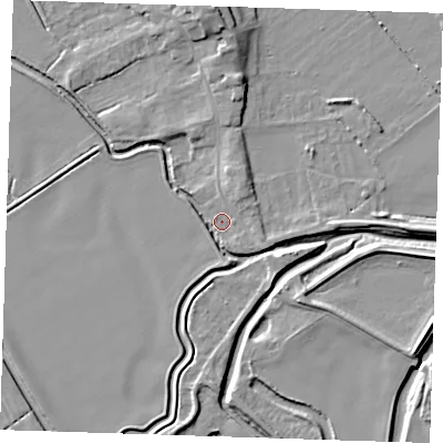Shaded relief map of the ground around LN117SB, computed from Environment Agency LiDAR. The ground here sits at about 3 m above sea level and falls 11 m across the surrounding 800 m. Surface water reaching this point runs off ground lying to the north-north-east, 3.2 m higher.