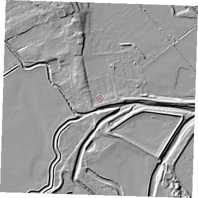 Shaded relief map of the ground around LN117SD, computed from Environment Agency LiDAR. The ground here sits at about 4 m above sea level and falls 11 m across the surrounding 800 m. Surface water reaching this point runs off ground lying to the west-north-west, 1.6 m higher.