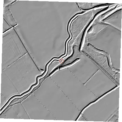 Shaded relief map of the ground around LN117SE, computed from Environment Agency LiDAR. The ground here sits at about 3 m above sea level and falls 6 m across the surrounding 800 m. Surface water reaching this point runs off ground lying to the north-east, 3.1 m higher.