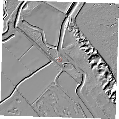 Shaded relief map of the ground around LN117SF, computed from Environment Agency LiDAR. The ground here sits at about 3 m above sea level and falls 13 m across the surrounding 800 m. Surface water reaching this point runs off ground lying to the south-south-west, 2.3 m higher.