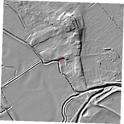 Shaded relief map of the ground around LN117SG, computed from Environment Agency LiDAR. The ground here sits at about 2 m above sea level and falls 11 m across the surrounding 800 m. Surface water reaching this point runs off ground lying to the east-south-east, 4.7 m higher.