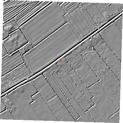 Shaded relief map of the ground around LN117SN, computed from Environment Agency LiDAR. The ground here sits at about 2 m above sea level and falls 3 m across the surrounding 800 m. Surface water reaching this point runs off ground lying to the north-north-west, 2.3 m higher.