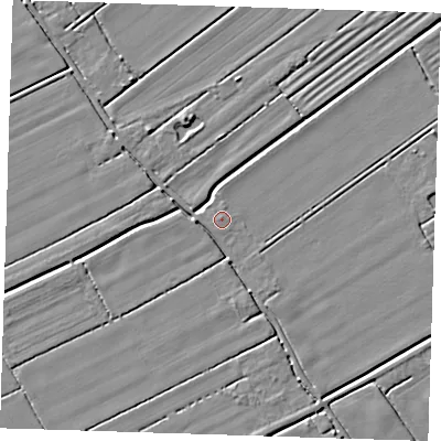 Shaded relief map of the ground around LN117SR, computed from Environment Agency LiDAR. The ground here sits at about 3 m above sea level and falls 3 m across the surrounding 800 m. The ground contributing surface water to this point lies to the north-north-east.