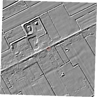Shaded relief map of the ground around LN117SS, computed from Environment Agency LiDAR. The ground here sits at about 2 m above sea level and falls 4 m across the surrounding 800 m. Surface water reaching this point runs off ground lying to the west, 0.7 m higher.