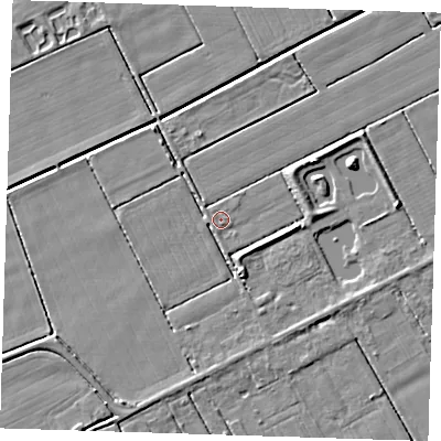 Shaded relief map of the ground around LN117ST, computed from Environment Agency LiDAR. The ground here sits at about 2 m above sea level and falls 4 m across the surrounding 800 m. Surface water reaching this point runs off ground lying to the east, 2.9 m higher.