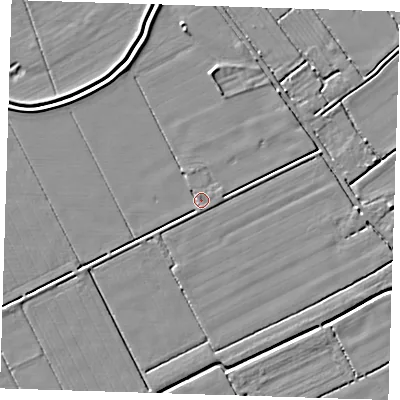 Shaded relief map of the ground around LN117SU, computed from Environment Agency LiDAR. The ground here sits at about 2 m above sea level and falls 4 m across the surrounding 800 m. Surface water reaching this point runs off ground lying to the south, 2.0 m higher.