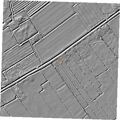 Shaded relief map of the ground around LN117SW, computed from Environment Agency LiDAR. The ground here sits at about 2 m above sea level and falls 3 m across the surrounding 800 m. Surface water reaching this point runs off ground lying to the north-north-east, 0.8 m higher.