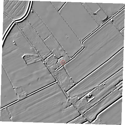 Shaded relief map of the ground around LN117SZ, computed from Environment Agency LiDAR. The ground here sits at about 3 m above sea level and falls 4 m across the surrounding 800 m. Surface water reaching this point runs off ground lying to the south, 1.7 m higher.
