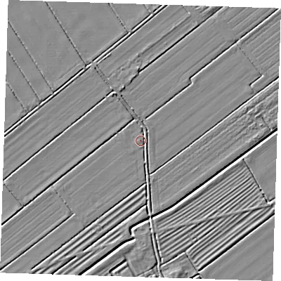 Shaded relief map of the ground around LN117TA, computed from Environment Agency LiDAR. The ground here sits at about 2 m above sea level and falls 3 m across the surrounding 800 m. Surface water reaching this point runs off ground lying to the east, 1.6 m higher.