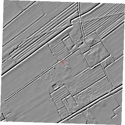 Shaded relief map of the ground around LN117TB, computed from Environment Agency LiDAR. The ground here sits at about 2 m above sea level and falls 3 m across the surrounding 800 m. Surface water reaching this point runs off ground lying to the north-east, 2.0 m higher.
