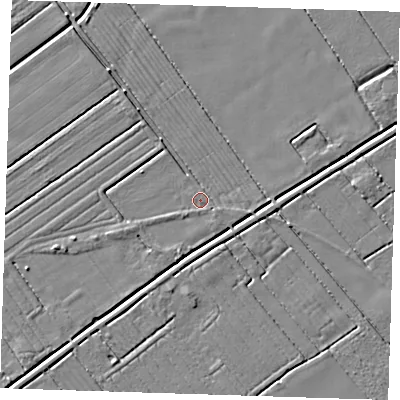 Shaded relief map of the ground around LN117TJ, computed from Environment Agency LiDAR. The ground here sits at about 2 m above sea level and falls 3 m across the surrounding 800 m. Surface water reaching this point runs off ground lying to the east-south-east, 1.0 m higher.