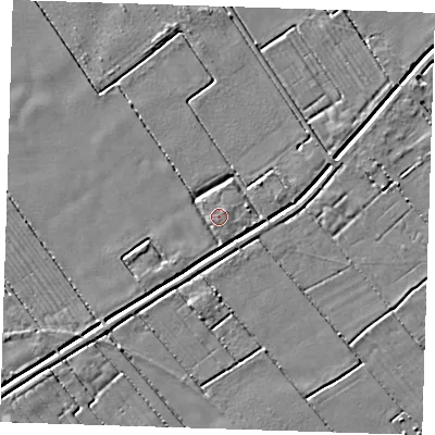 Shaded relief map of the ground around LN117TL, computed from Environment Agency LiDAR. The ground here sits at about 3 m above sea level and falls 3 m across the surrounding 800 m. Surface water reaching this point runs off ground lying to the east-north-east, 2.5 m higher.
