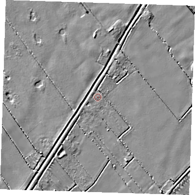 Shaded relief map of the ground around LN117TP, computed from Environment Agency LiDAR. The ground here sits at about 2 m above sea level and falls 4 m across the surrounding 800 m. Surface water reaching this point runs off ground lying to the north-north-east, 1.7 m higher.