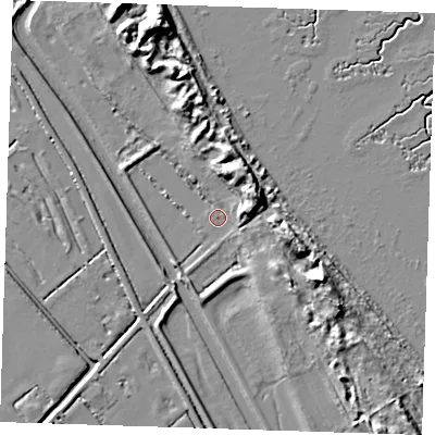 Shaded relief map of the ground around LN117TR, computed from Environment Agency LiDAR. The ground here sits at about 2 m above sea level and falls 13 m across the surrounding 800 m. Surface water reaching this point runs off ground lying to the east-north-east, 8.9 m higher.