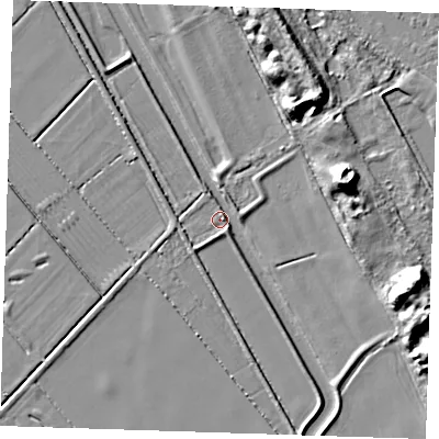 Shaded relief map of the ground around LN117TS, computed from Environment Agency LiDAR. The ground here sits at about 3 m above sea level and falls 14 m across the surrounding 800 m. Surface water reaching this point runs off ground lying to the east-north-east, 13.6 m higher.