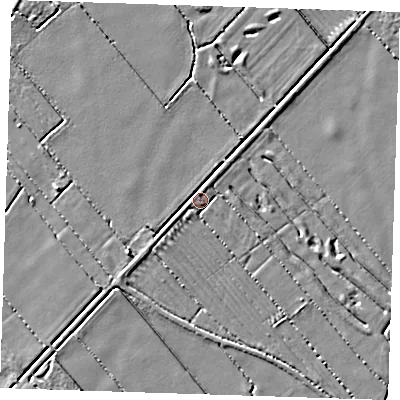 Shaded relief map of the ground around LN117TT, computed from Environment Agency LiDAR. The ground here sits at about 3 m above sea level and falls 3 m across the surrounding 800 m. Surface water reaching this point runs off ground lying to the south-west, 2.1 m higher.