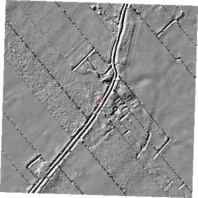 Shaded relief map of the ground around LN117TU, computed from Environment Agency LiDAR. The ground here sits at about 2 m above sea level and falls 3 m across the surrounding 800 m. Surface water reaching this point runs off ground lying to the south-south-east, 1.9 m higher.