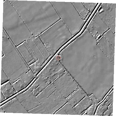 Shaded relief map of the ground around LN117TW, computed from Environment Agency LiDAR. The ground here sits at about 2 m above sea level and falls 5 m across the surrounding 800 m. Surface water reaching this point runs off ground lying to the north, 2.4 m higher.