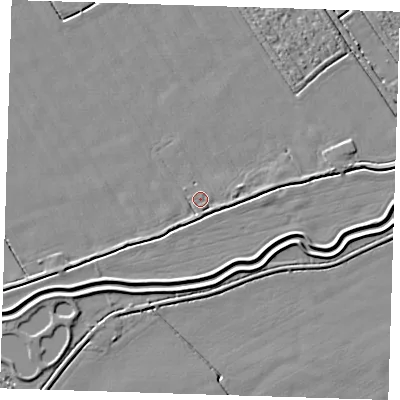 Shaded relief map of the ground around LN117TZ, computed from Environment Agency LiDAR. The ground here sits at about 2 m above sea level and falls 3 m across the surrounding 800 m. Surface water reaching this point runs off ground lying to the south-south-west, 1.6 m higher.
