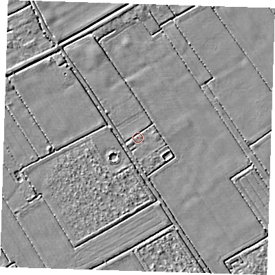 Shaded relief map of the ground around LN117UA, computed from Environment Agency LiDAR. The ground here sits at about 2 m above sea level and falls 3 m across the surrounding 800 m. Surface water reaching this point runs off ground lying to the west-south-west, 1.2 m higher.