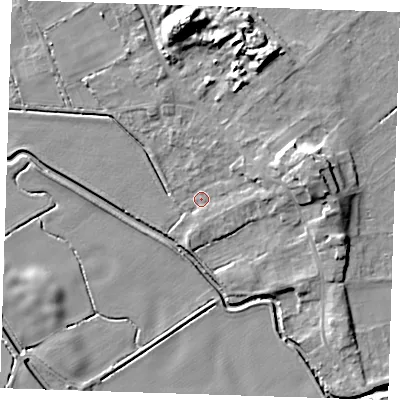 Shaded relief map of the ground around LN117UL, computed from Environment Agency LiDAR. The ground here sits at about 3 m above sea level and falls 14 m across the surrounding 800 m. Surface water reaching this point runs off ground lying to the east-north-east, 9.0 m higher.