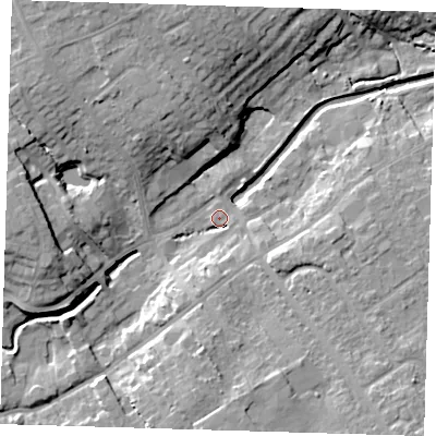 Shaded relief map of the ground around LN117WA, computed from Environment Agency LiDAR. The ground here sits at about 18 m above sea level and falls 16 m across the surrounding 800 m. Surface water reaching this point runs off ground lying to the south-south-west, 7.5 m higher.