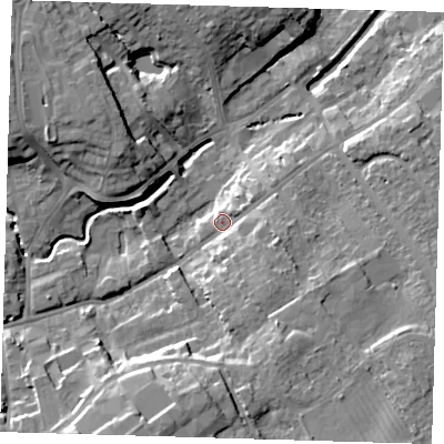 Shaded relief map of the ground around LN118DB, computed from Environment Agency LiDAR. The ground here sits at about 21 m above sea level and falls 16 m across the surrounding 800 m. Surface water reaching this point runs off ground lying to the south-east, 5.5 m higher.