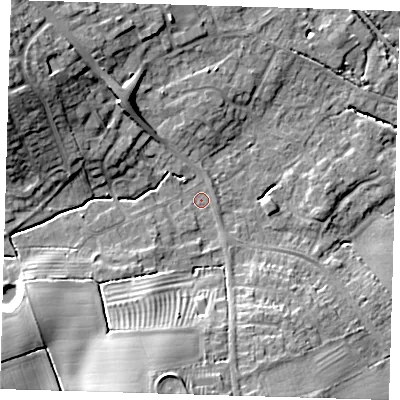 Shaded relief map of the ground around LN118EG, computed from Environment Agency LiDAR. The ground here sits at about 32 m above sea level and falls 18 m across the surrounding 800 m. Surface water reaching this point runs off ground lying to the south-west, 15.7 m higher.