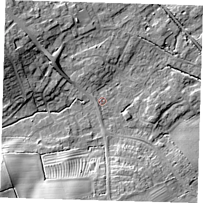 Shaded relief map of the ground around LN118EH, computed from Environment Agency LiDAR. The ground here sits at about 32 m above sea level and falls 16 m across the surrounding 800 m. Surface water reaching this point runs off ground lying to the south-west, 1.0 m higher.