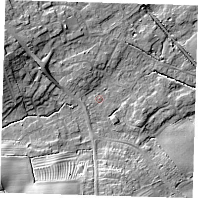 Shaded relief map of the ground around LN118EJ, computed from Environment Agency LiDAR. The ground here sits at about 31 m above sea level and falls 14 m across the surrounding 800 m. Surface water reaching this point runs off ground lying to the west-north-west, 11.5 m higher.
