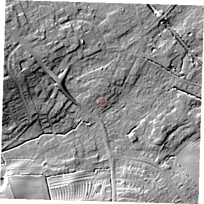 Shaded relief map of the ground around LN118EQ, computed from Environment Agency LiDAR. The ground here sits at about 33 m above sea level and falls 16 m across the surrounding 800 m. Surface water reaching this point runs off ground lying to the north-north-west, 1.7 m higher.