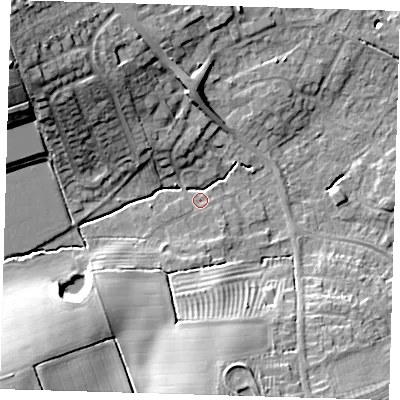 Shaded relief map of the ground around LN118ET, computed from Environment Agency LiDAR. The ground here sits at about 33 m above sea level and falls 23 m across the surrounding 800 m. Surface water reaching this point runs off ground lying to the south-west, 21.0 m higher.