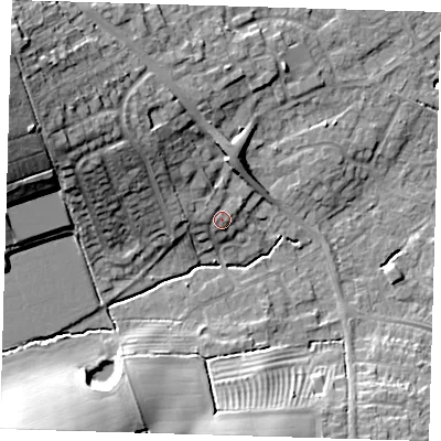 Shaded relief map of the ground around LN118EU, computed from Environment Agency LiDAR. The ground here sits at about 36 m above sea level and falls 23 m across the surrounding 800 m. Surface water reaching this point runs off ground lying to the west-north-west, 1.4 m higher.