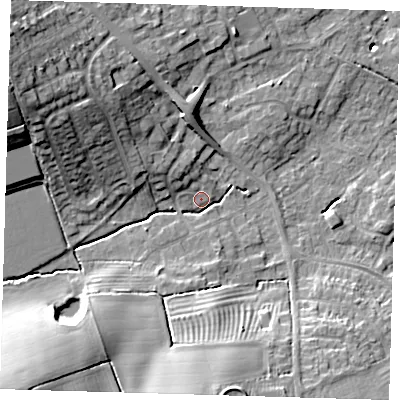 Shaded relief map of the ground around LN118EX, computed from Environment Agency LiDAR. The ground here sits at about 33 m above sea level and falls 21 m across the surrounding 800 m. Surface water reaching this point runs off ground lying to the south-west, 19.0 m higher.