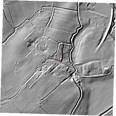 Shaded relief map of the ground around LN118HP, computed from Environment Agency LiDAR. The ground here sits at about 8 m above sea level and falls 12 m across the surrounding 800 m. Surface water reaching this point runs off ground lying to the south-west, 4.8 m higher.