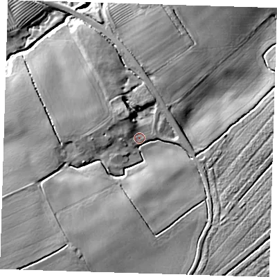 Shaded relief map of the ground around LN118JD, computed from Environment Agency LiDAR. The ground here sits at about 15 m above sea level and falls 18 m across the surrounding 800 m. Surface water reaching this point runs off ground lying to the south-west, 10.9 m higher.