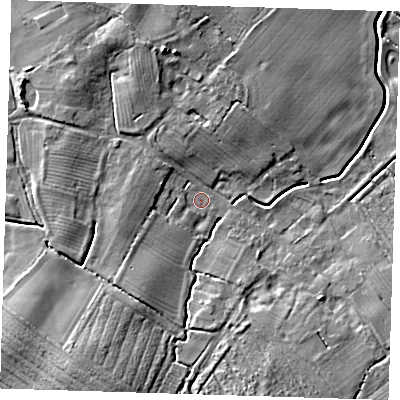 Shaded relief map of the ground around LN118JU, computed from Environment Agency LiDAR. The ground here sits at about 4 m above sea level and falls 9 m across the surrounding 800 m. Surface water reaching this point runs off ground lying to the north-west, 3.4 m higher.
