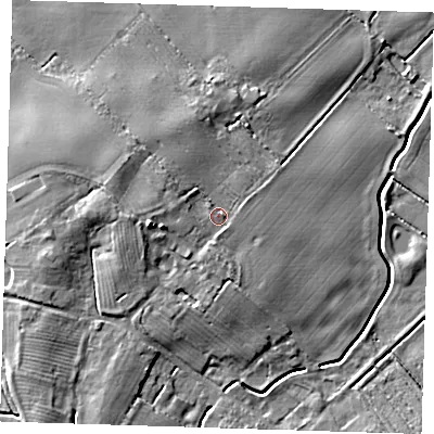Shaded relief map of the ground around LN118JX, computed from Environment Agency LiDAR. The ground here sits at about 7 m above sea level and falls 9 m across the surrounding 800 m. Surface water reaching this point runs off ground lying to the west, 4.7 m higher.