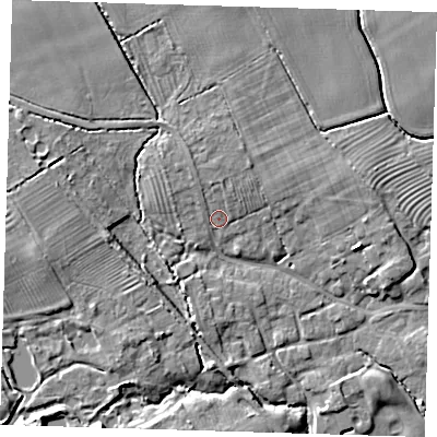 Shaded relief map of the ground around LN118LH, computed from Environment Agency LiDAR. The ground here sits at about 22 m above sea level and falls 9 m across the surrounding 800 m. Surface water reaching this point runs off ground lying to the north-north-west, 2.1 m higher.