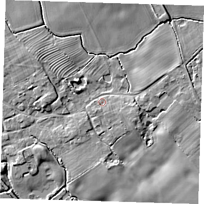 Shaded relief map of the ground around LN118LL, computed from Environment Agency LiDAR. The ground here sits at about 21 m above sea level and falls 8 m across the surrounding 800 m. Surface water reaching this point runs off ground lying to the south-west, 1.8 m higher.