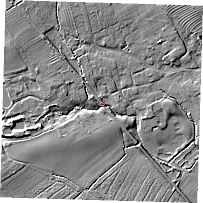 Shaded relief map of the ground around LN118LT, computed from Environment Agency LiDAR. The ground here sits at about 22 m above sea level and falls 13 m across the surrounding 800 m. Surface water reaching this point runs off ground lying to the west-south-west, 8.6 m higher.